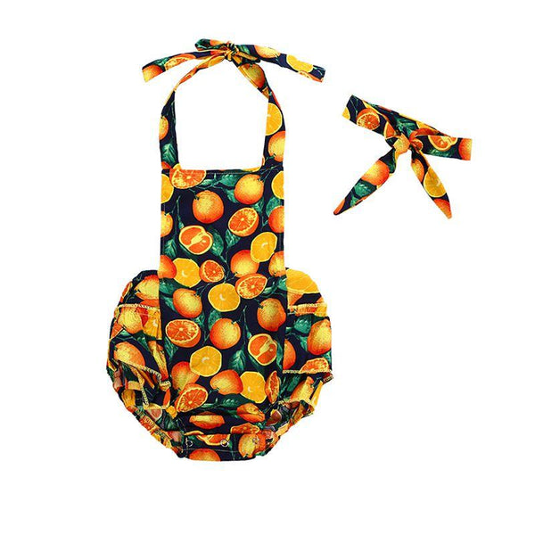 2 Pcs Baby Girls Cotton Orange Printed Halter Bodysuit And Headband