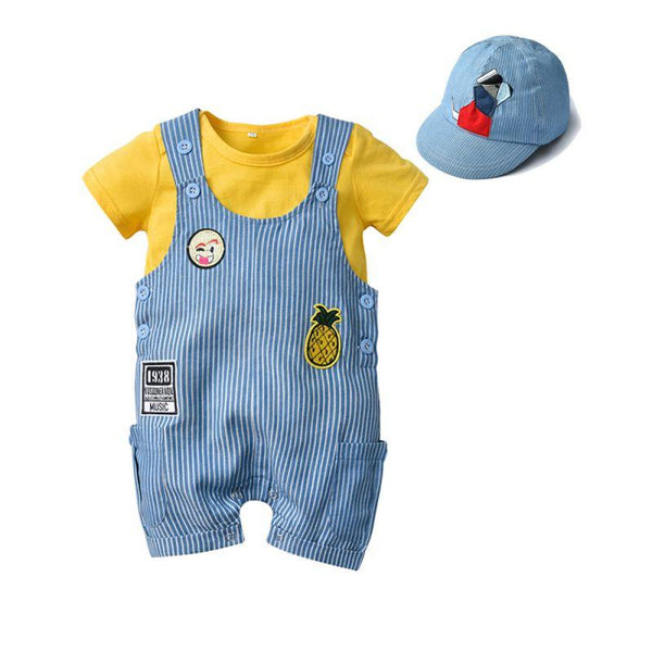 3 Pcs Boys Cotton T-shirts And Stripes Printed Romper And Cap