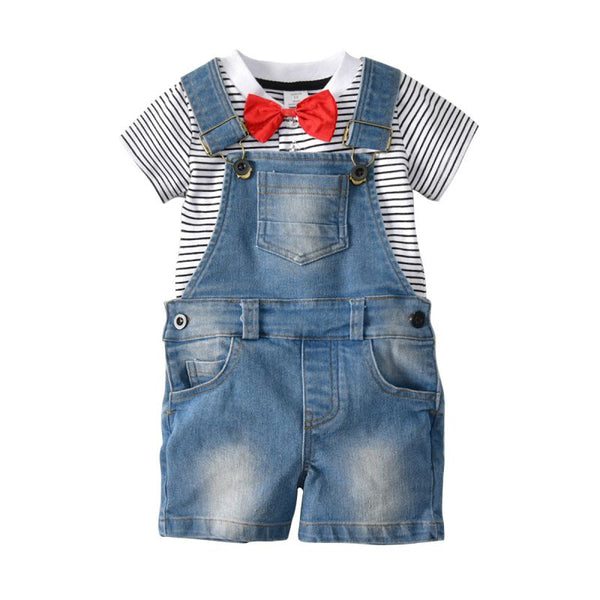 3Pcs Boys Cotton Stripes Printed Tees And Denim Romper And Red Bow Tie
