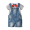 3Pcs Boys Cotton Stripes Printed Tees And Denim Romper And Red Bow Tie