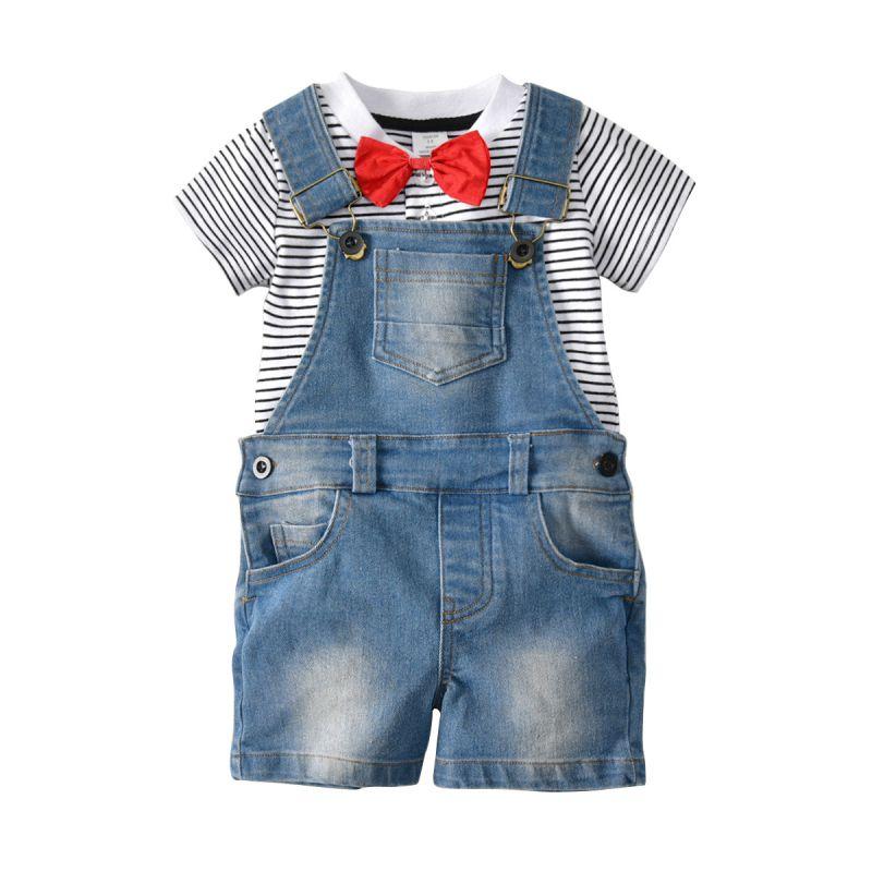 3Pcs Boys Cotton Stripes Printed Tees And Denim Romper And Red Bowtie