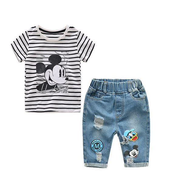 2 Pcs Boys Cotton Cute Animals Tops And Denim Pants