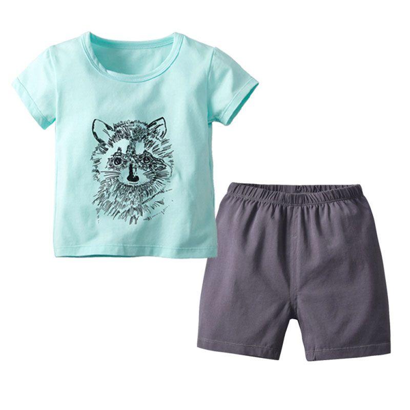 2 Pcs Boys Cotton Animals Printed Tees And Shorts