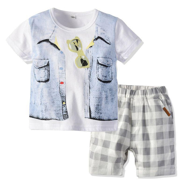 2 Pcs Boys Cotton Printed Round Neck Tops And Shorts
