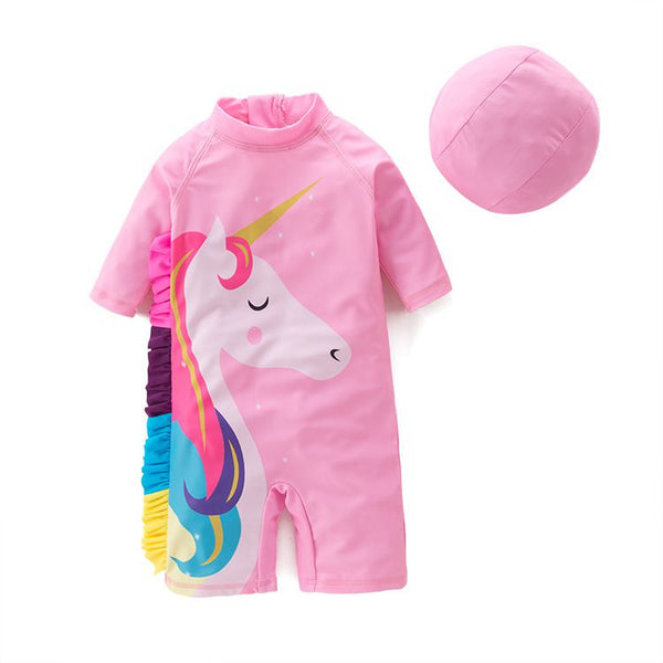 2 Pcs Girl Unicorn Pattern Swimwear And Cap