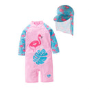 2 Pcs Girl Long Sleeves Flamingo Printed Swimwear And Cap