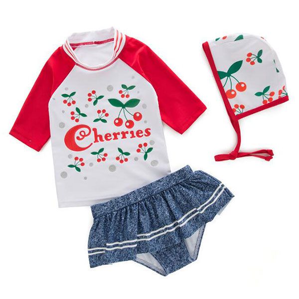 3 Pcs Girl Cherry Printed Swimsuit And Cap