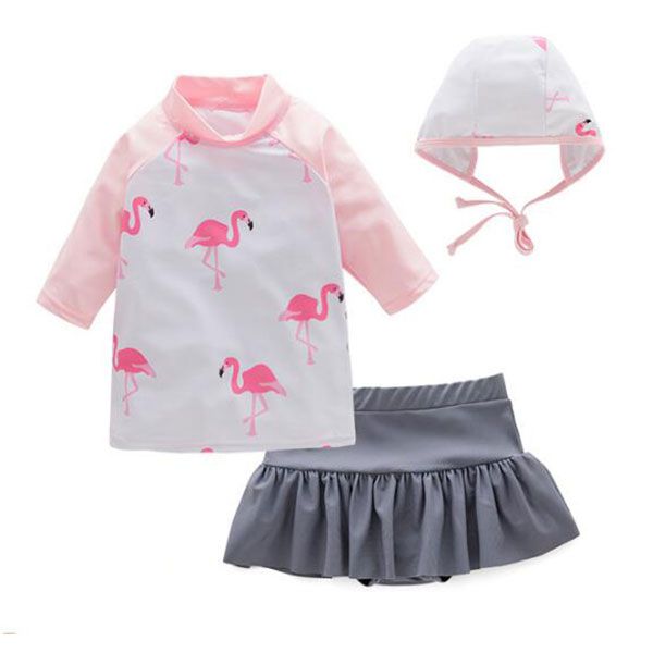 3 Pcs Girl Fanimgo Printed Swimsuit And Bathing Cap