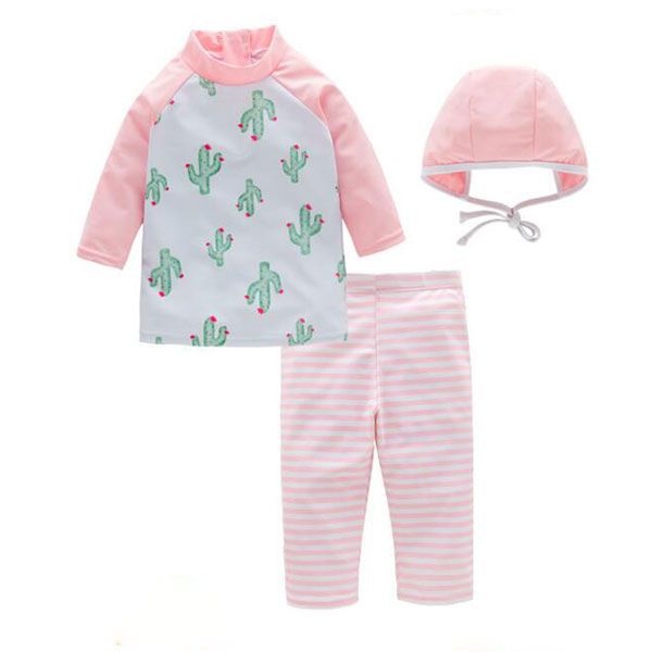 2 Pcs Girl Fresh Printed Pink Swimwear And Bathing Cap