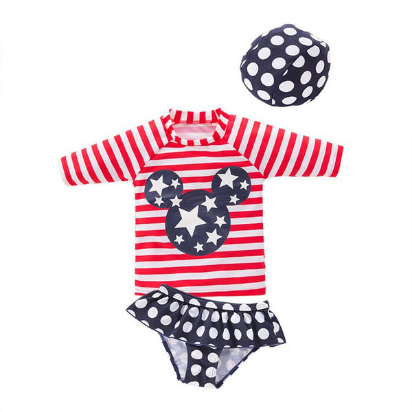 3 Pcs Girl Stripes Printed Swimsuit And Cap