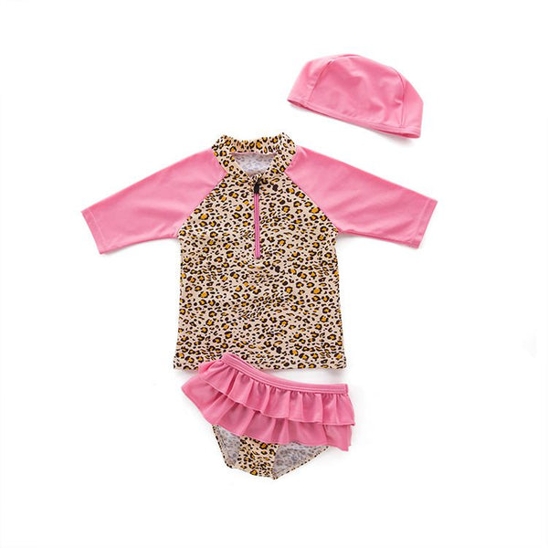 3 Pcs Girl Leopard Print Swimsuit And Bathing Cap