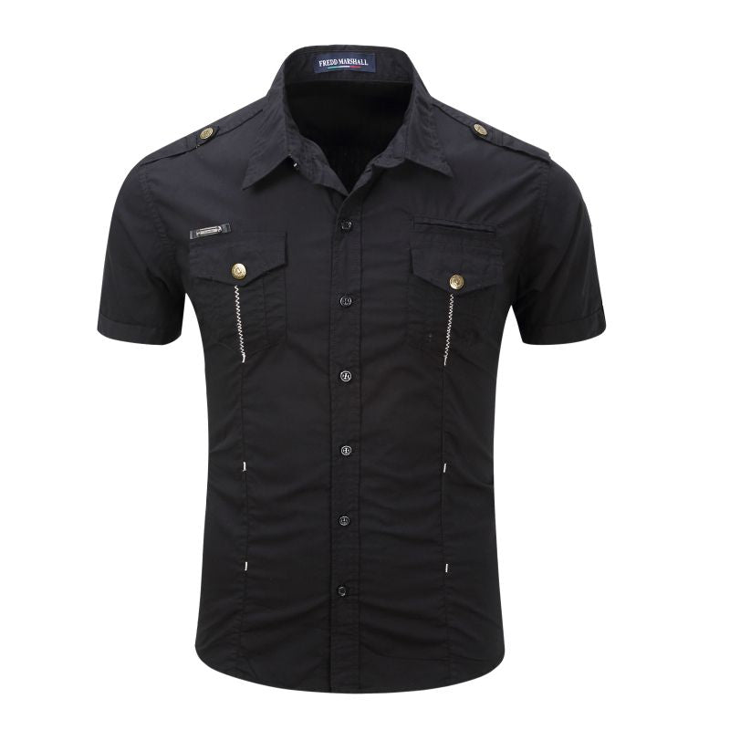 Men Cotton Pocket Design Short Sleeves Shirts