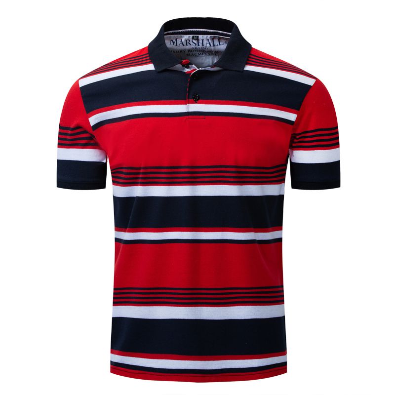 Men Cotton Stripes Printed Short Sleeves Polo Shirts