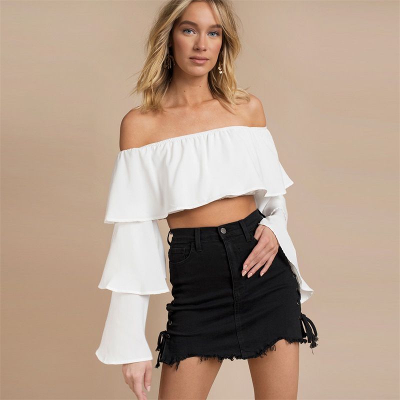 Hot Sale Women Solid Color Flare Sleeve Off-shoulder Design Crop Top