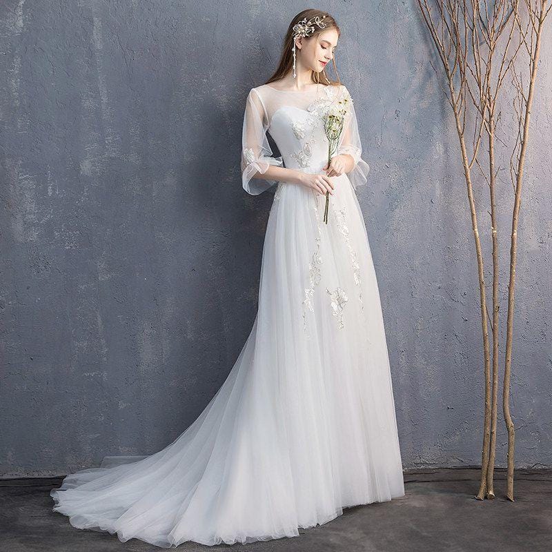 Women Dreamy Mesh Long-sleeve Leaves Embroidered Floor Length Wedding Dress