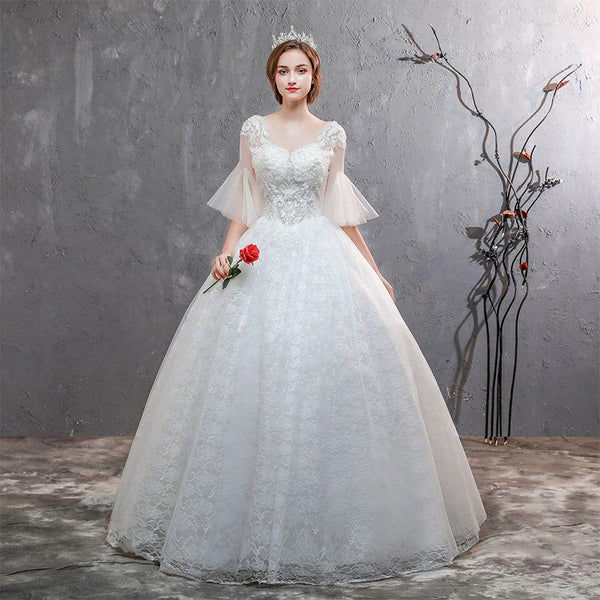 Dreamy Flare Sleeve Scoop Neck Defined Waist Adjustable Wedding Dress