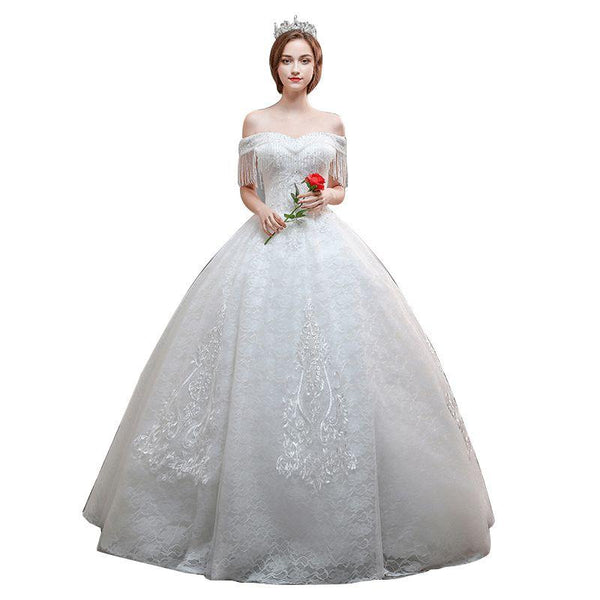 New Design Women Off-shoulder Tassel Pattern Dreamy Wedding Dress