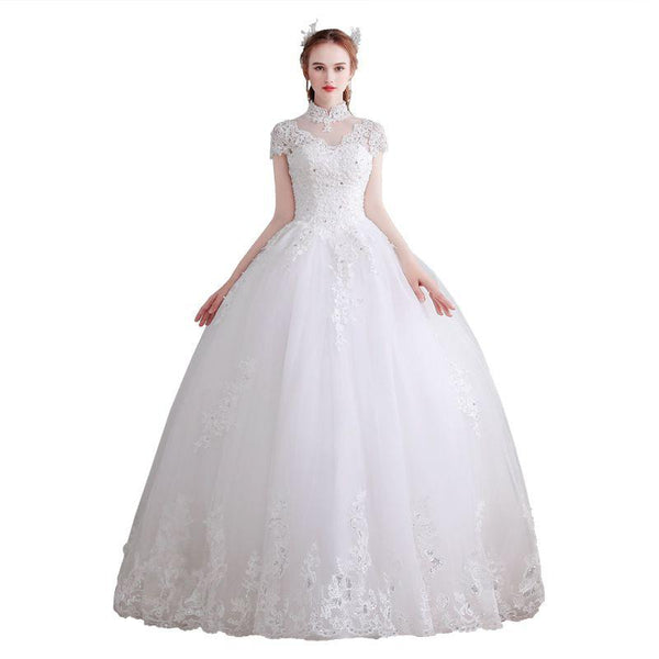 Fashion Stand Collar Short-sleeve Lace Crystal Design Wedding Dress