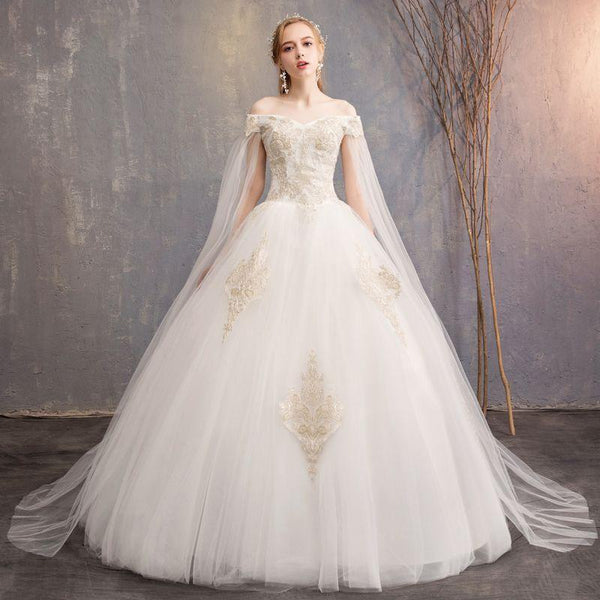 Elegant Short-sleeve Off-shoulder Embroidery Design Floor Length Wedding Dress