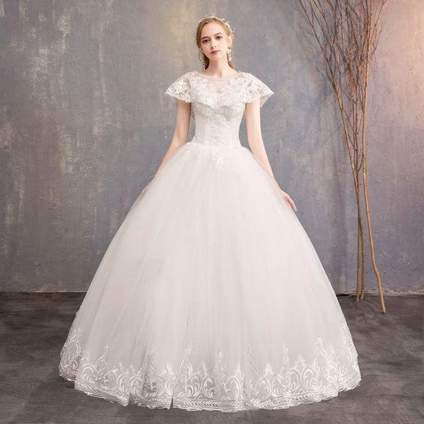 Hot Sale Fashion Round Neck Defined-waist Floor Length Wedding Gown