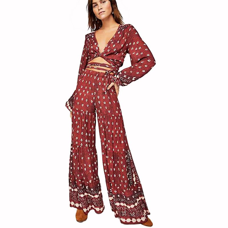 Bohemian Style Fashion V Neck Long-sleeve Crop Top Wide-leg Pants Set