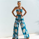 Bright Color Flower Printed Knotted Crop Top Wide-leg Pants Set