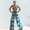 Bright Color Flower Printed Knotted Crop Top Wide-leg Pants Set