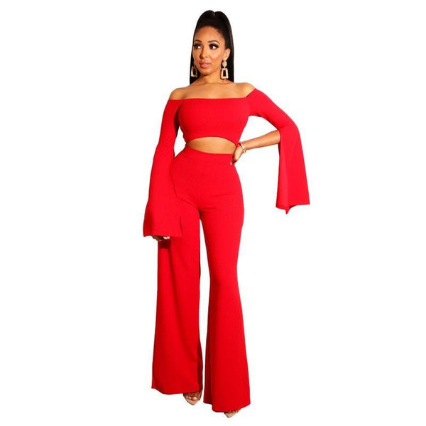 Women Bright Color Off-shoulder Solid Color Crop Top Wide-leg Pants Party Set