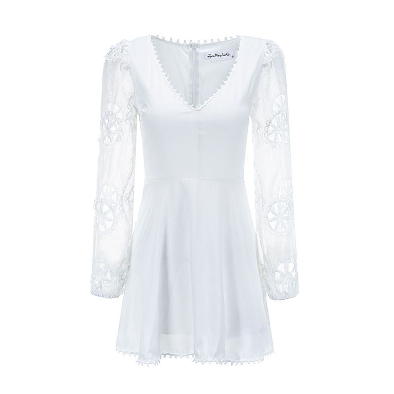 Fashion White V Neck Hollow Out Long Sleeves Chiffon Dress