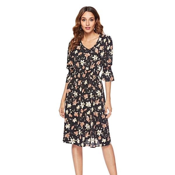 Casual Women Flower Printed Half-sleeve Summer Dress