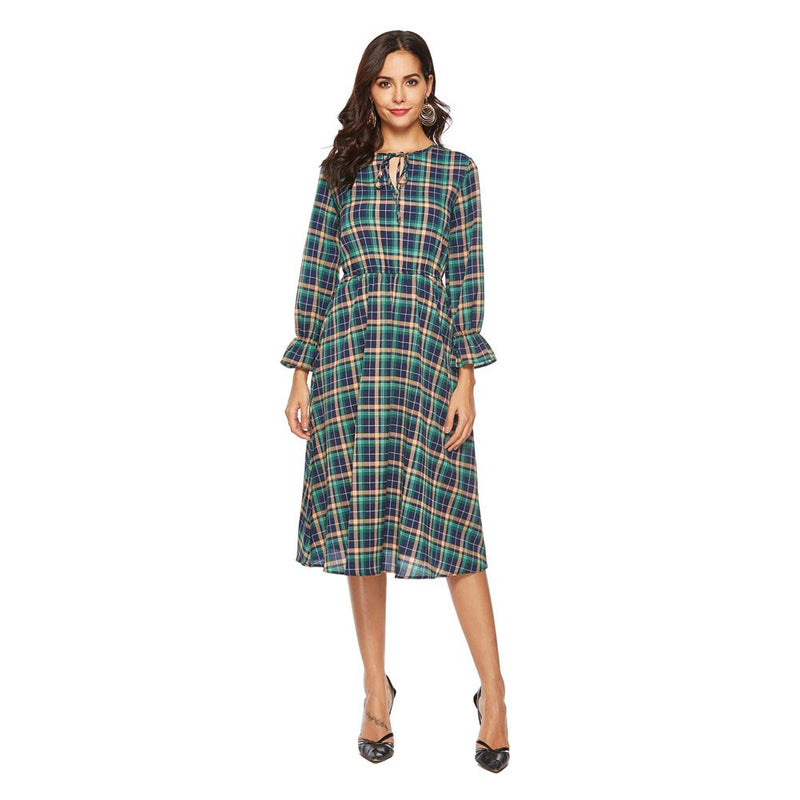 Classic Plaid Pattern Long-sleeve Elegant Dress