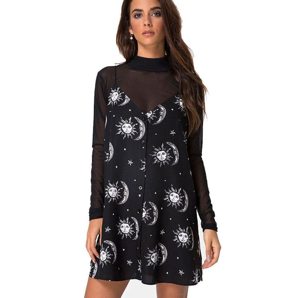 Abstract Moon Sun Print Women Sexy Slip Dress