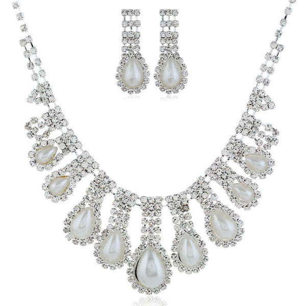 Good Quality Women Rhinestone Drop Shape Imitation Pearl Necklace Earrings Set