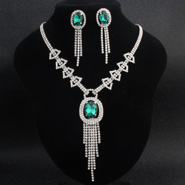 Elegant Women Square Shape Gemstone Design Rhinestone Jewelry Set