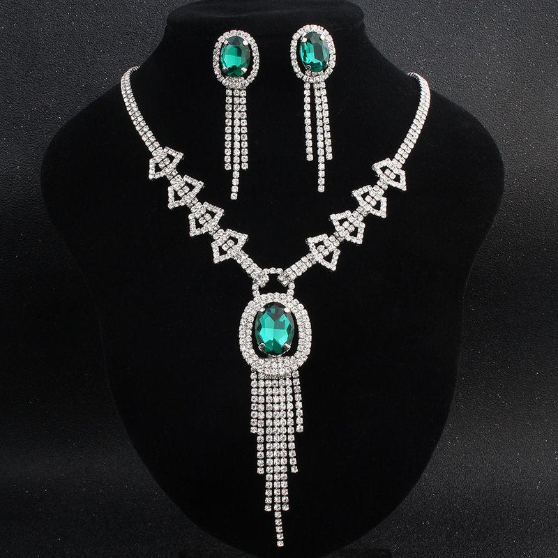 Elegant Women Square Shape Gemstone Design Rhinestone Jewelry Set