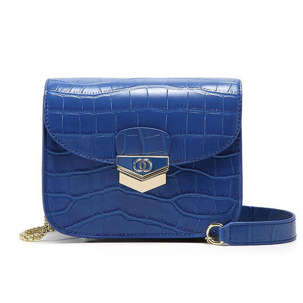 Bright Color Stone Grain Genuine Leather Metal Chain Crossbody Bag