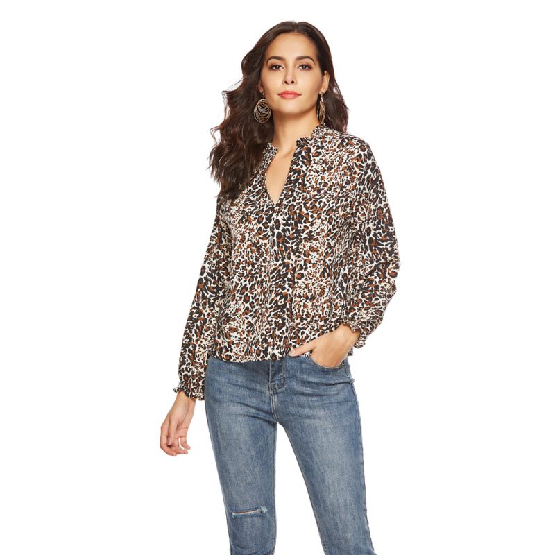 Elegant Women V Neck Long-sleeve Loose Animal Print Blouse