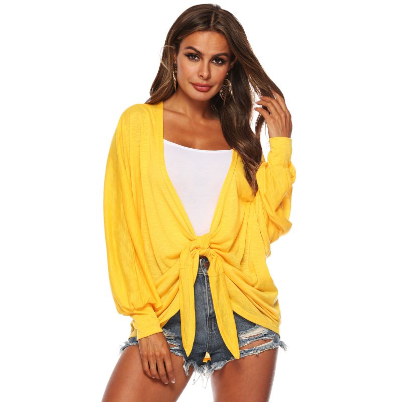 Bright Color Casual Dolman Sleeve Knotted Cover Up Blouse