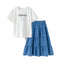 2 Pcs Junior Girl Cotton White T-shirts And Patchwork Skirts