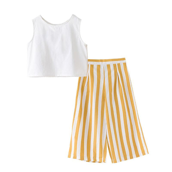 2 Pcs Girl Cotton White Sleeveless Tops And Stripes Printed Pants