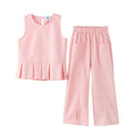 2 Pcs Youth Girl Cotton Pink Sleeveless Tops And Pants