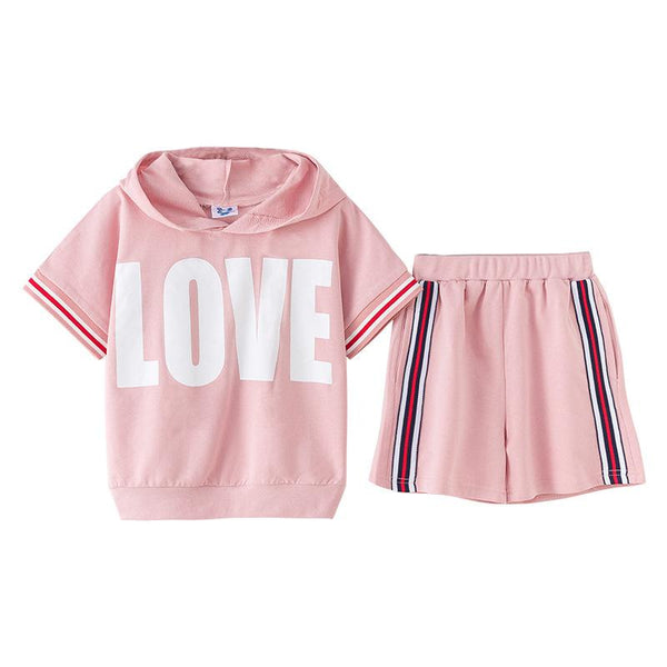 2 Pcs Youth Girl Cotton Short Sleeves Hoodies And Casual Shorts