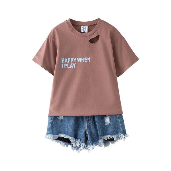 2 Pcs Youth Girl Cotton Letter Printed T-shirts And Denim Shorts