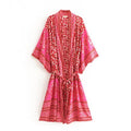 Bright Color Flower Print Kimono Pattern Sash Dress