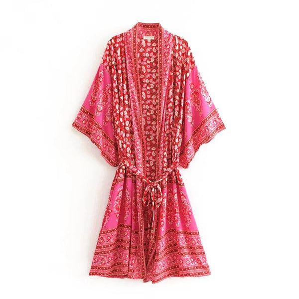 Bright Color Flower Print Kimono Pattern Sash Dress