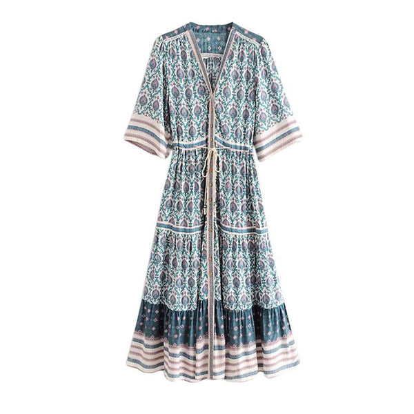 Bohemian Style Women Casual Half Sleeve Button Up Dress