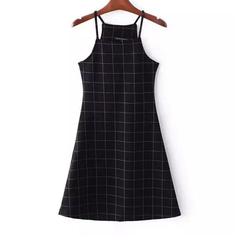 Elegant Women Spaghetti Strap Checkered Little Black Dress