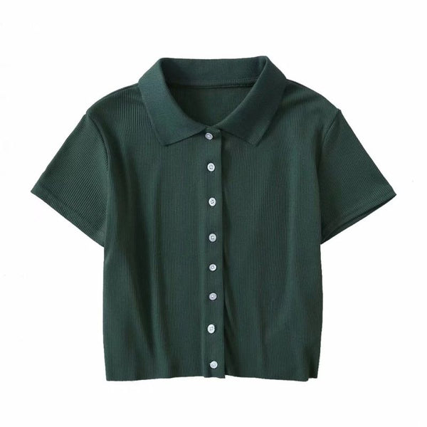 Button Up Solid Color Women Lapel Collar Polo Shirt