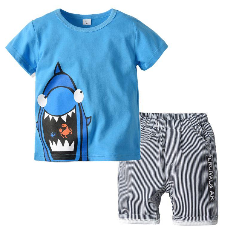 2 Pcs Boy Cotton Shark Printed Short Sleeves Tops And Shorts