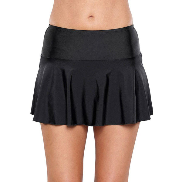 Women Vacation Style Black Color Ruffled Double Layer Swimming Shorts